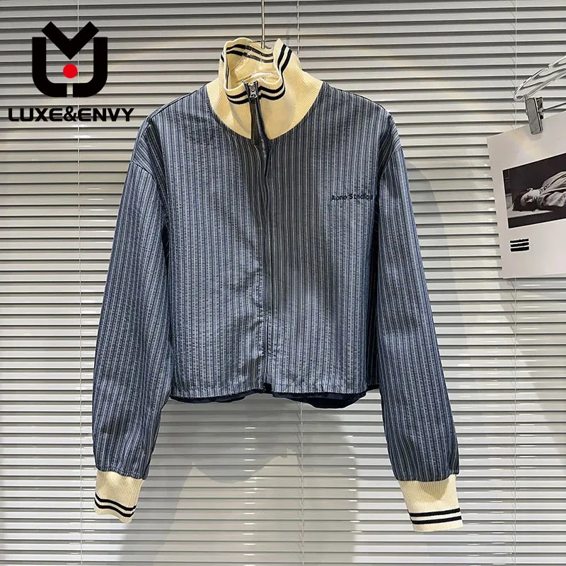 

Роскошный & ENVY Новый нишевой вертикальный полосатый узор лоскутный воротник ультра длинный рукав свободный короткий жакет осень 2023