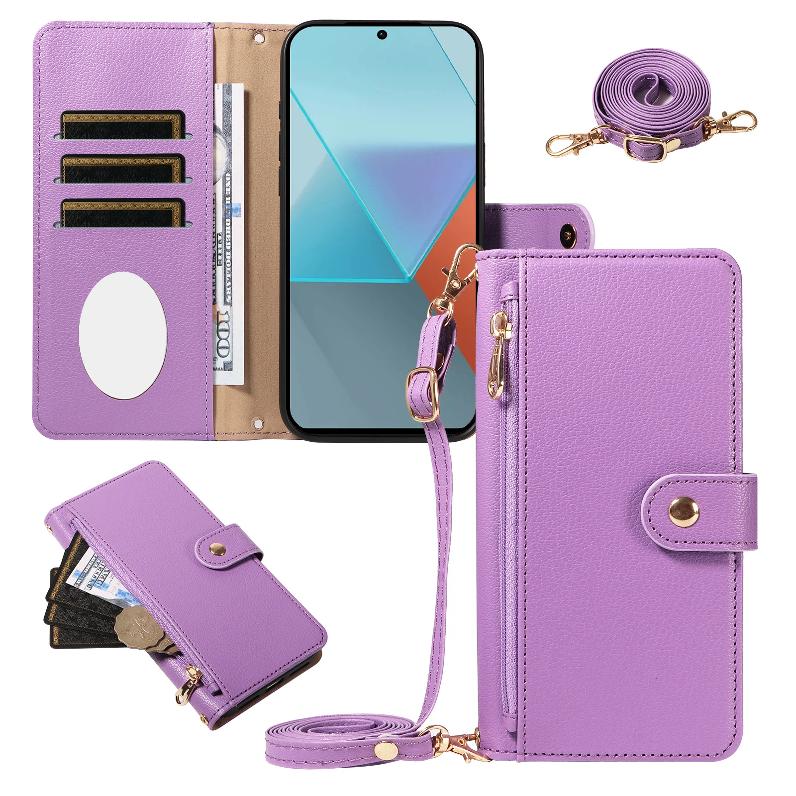 Women's Faux Leather Crossbody Protective Case with Coin Purse, Multi-Card Slots, Mirror, and Makeup Holder