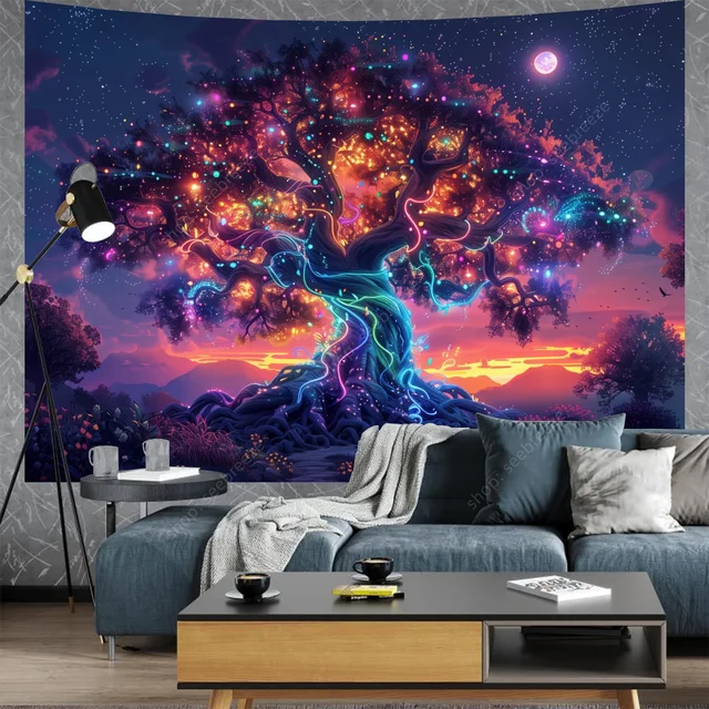 Arbre de vie tapisserie réactive UV nuit étoilée tapisserie tenture murale décor de chambre esthétique Hippie décoration murale de maison cadeau pour ami 4