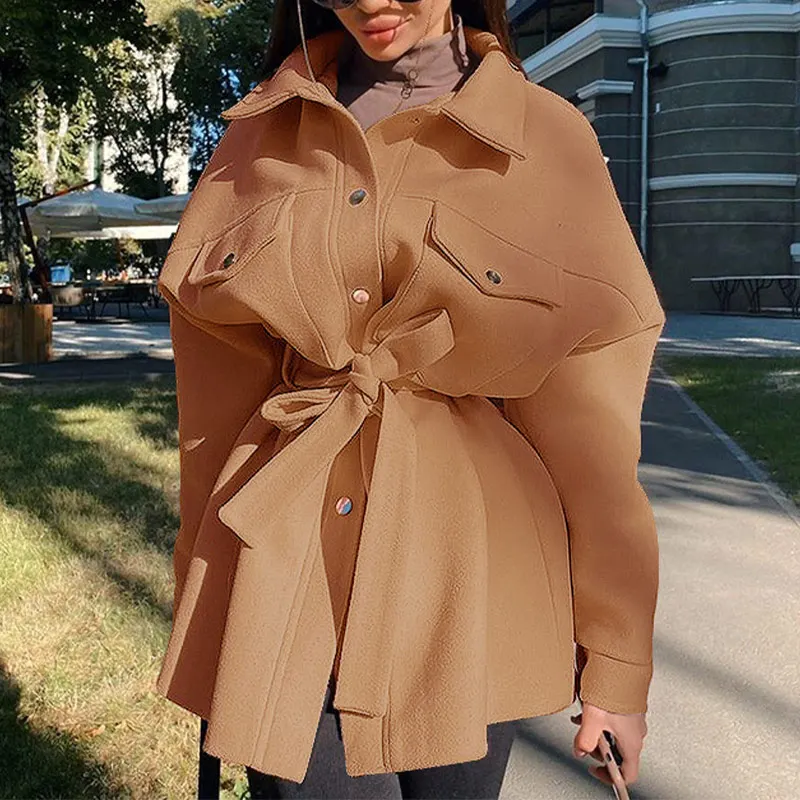 2023 Women Fashion Long Sleeve Woolen Jacket Coat with Belt VintageLoose Lapel  Side Pockets Female Chic Outerwear Overcoat Warm