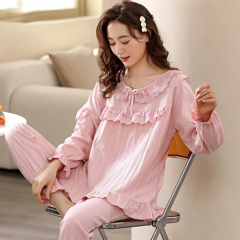2024 New Double Sided Cotton Pajamas Women Spring Autumn Long Sleeved Sleepwear Set Loose Oversized Homewear Falbala Loungewear