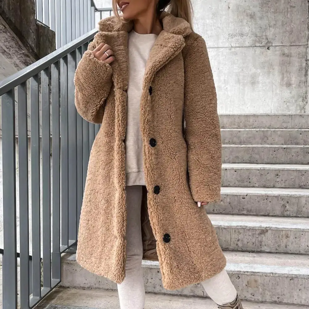 

Women Long Coat Plush Thicken Faux Fur Overcoat Autumn Winter Single-breasted Pure Color Teddy Jacket Female Fur Coat Outwear