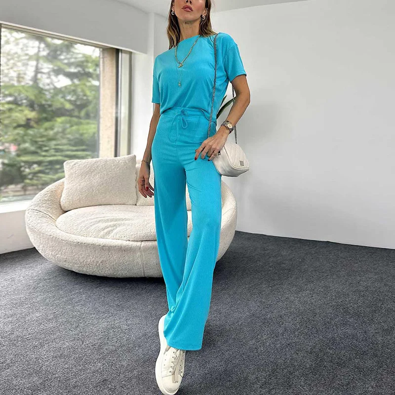 

European and American women's short-sleeved round neck T-shirt elastic waist trousers comfortable casual two-piece set