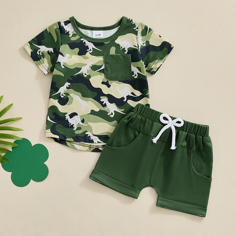 

2024-03-05 Lioraitiin Toddler Boys Outfits Dinosaur Print Camouflage Short Sleeve T-Shirts Tops Elastic Waist Shorts Clothes Set