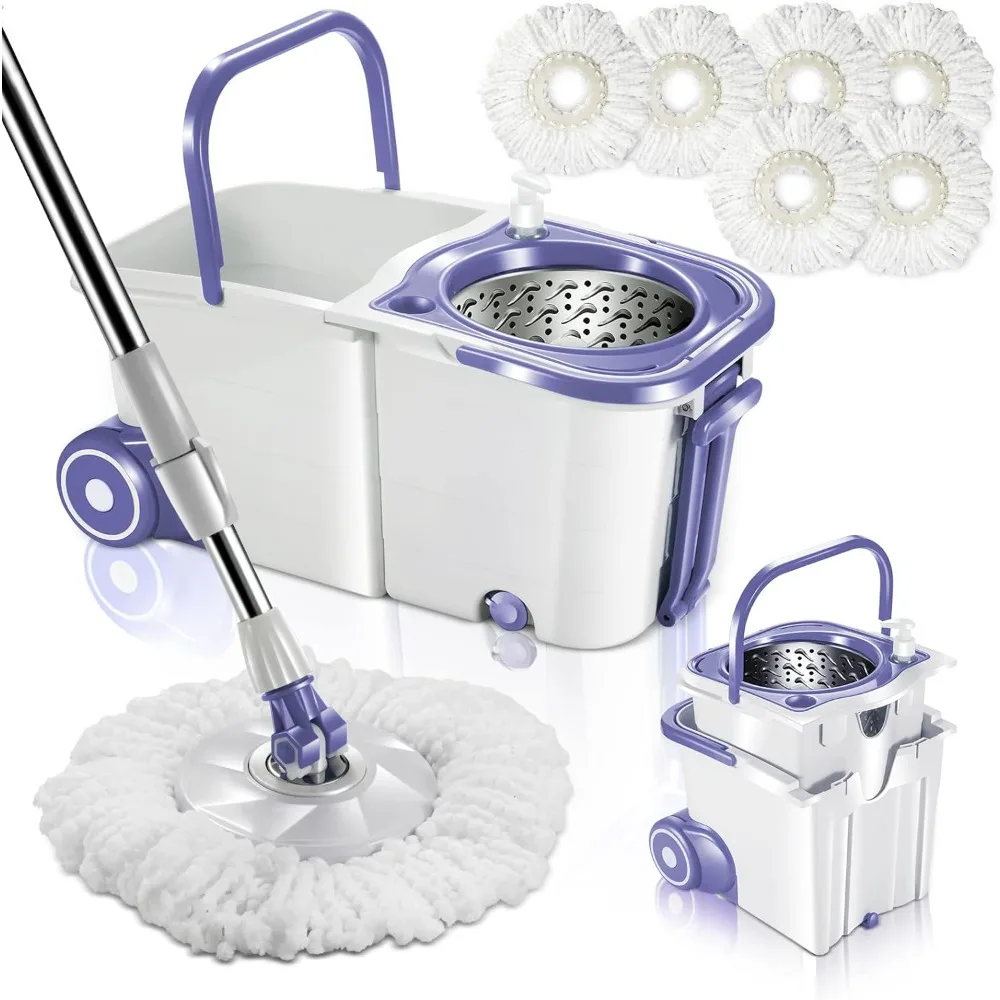 

Spin Mop Bucket System with Wringer Set, Mop Buckets Separate Clean and Dirty Water,360° 6psc Microfiber Spin Mops