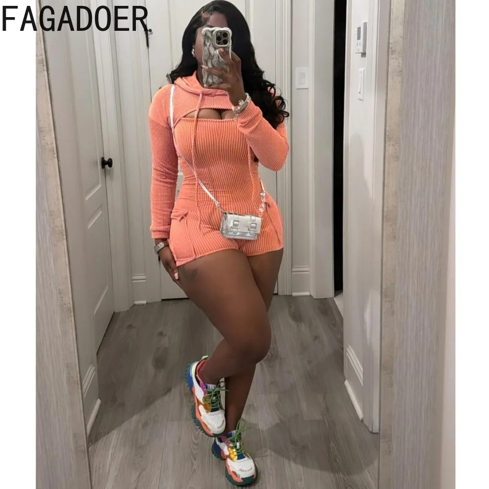 Fagadoer Mode Solid Ribber Pocket Cargo Stram pler Frauen Kapuze Langarm Top und Bodycon Overalls Sommer Hosenträger Overalls