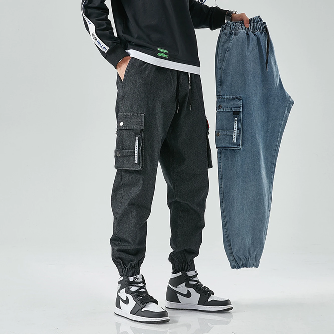 

European Style Loose Size Overalls Men's Summer Casual Pants Trousers Tethered Youth Multi-Pocket Daily Pants