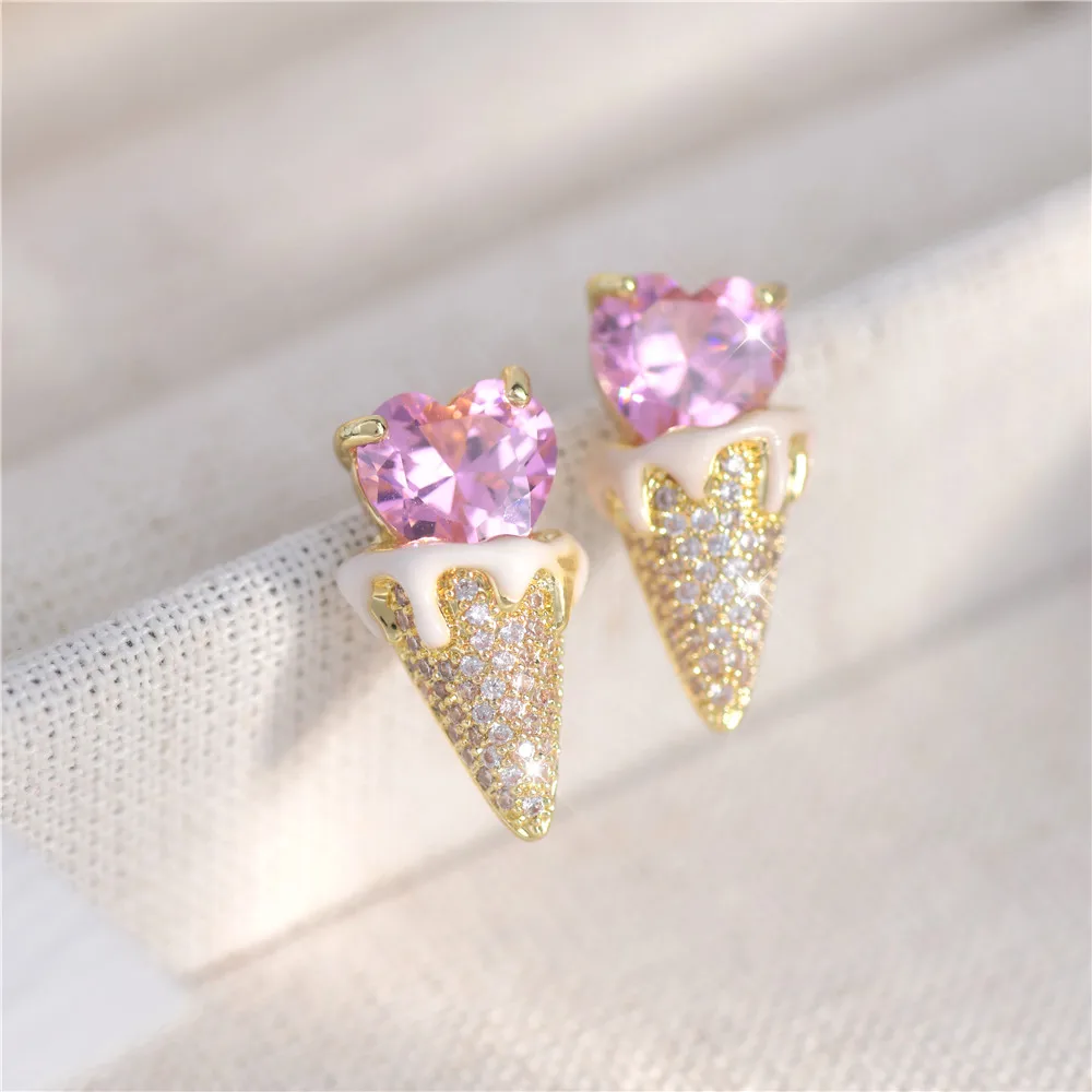 

2022 South Korea's New Sweet Pink Hearts Zircon Cone Cream Ice Cream Stud Earrings Lovely Small Princess Earrings Gifts