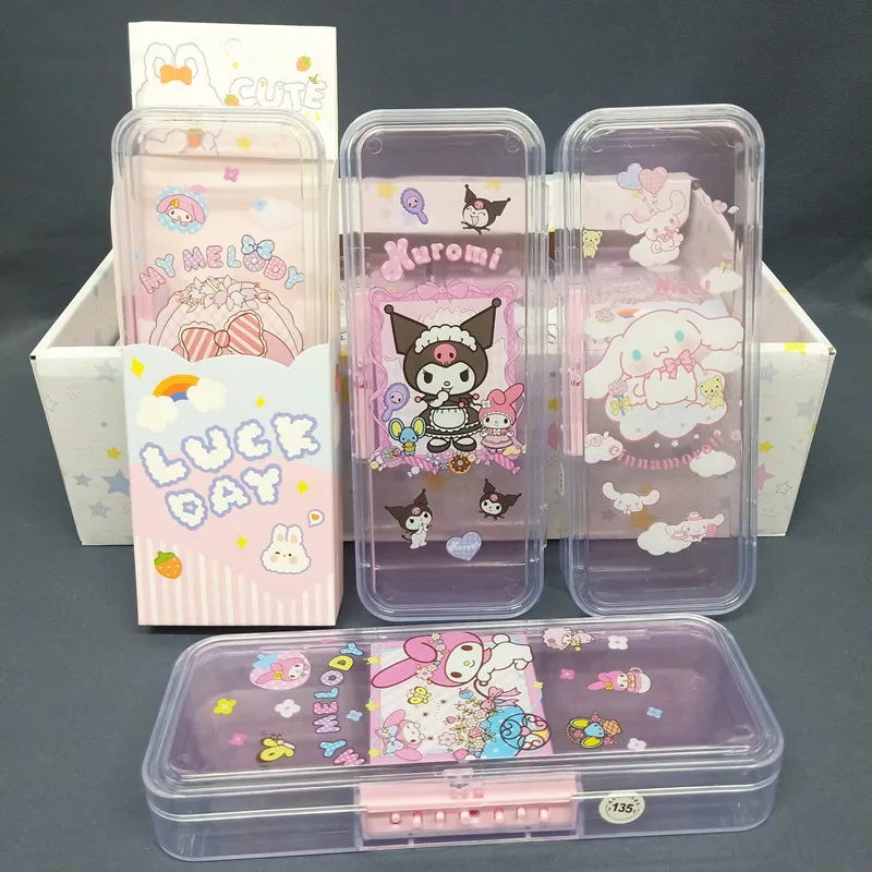 

12pcs Kawaii Sanrio Hello Kitty Kuromi My Melody Acrylic Anime Password Pencil Case Cinnamoroll Student Kid Pencil Box Wholesale