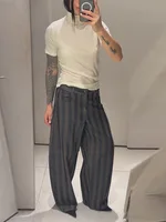 Pantalon rayé taille haute coupe ample pour femme, style décontracté, tenue quotidienne 3