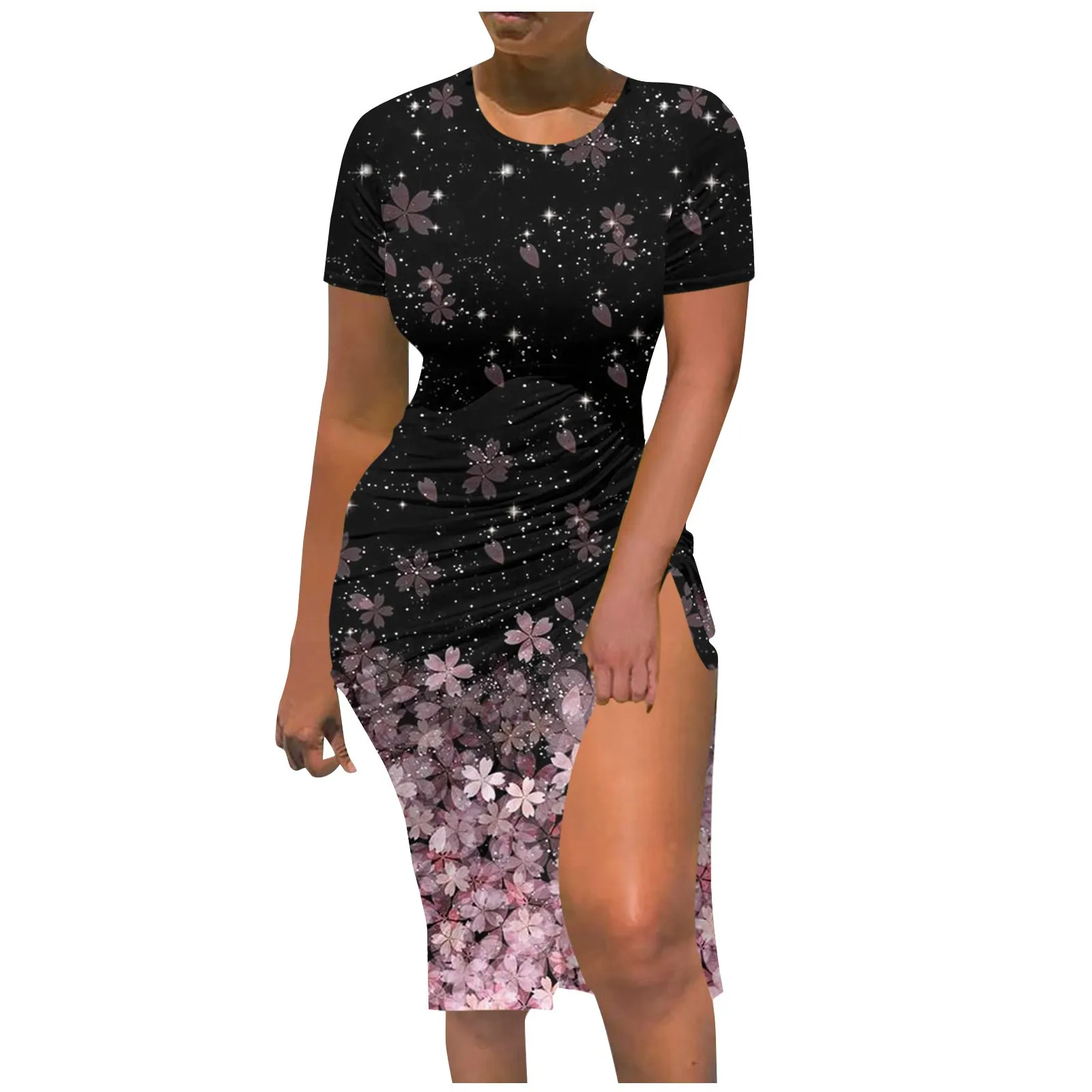 

Women'S Tight Vintage Swing Dress O-Neck High Waist Vintage Sundress Sexy Split Short Sleeve Skirt Printed Slim Fitting Dress