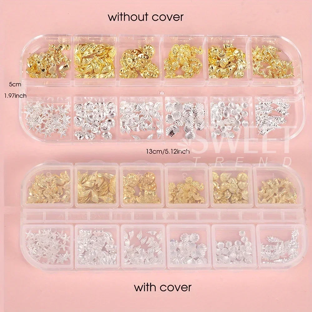 12 Grid Metal Rivet Summer Ocean Nail Jewelry Gold Silver Starfish Shell Conch shape DIY Nail Charm Parts Decoration Accessories