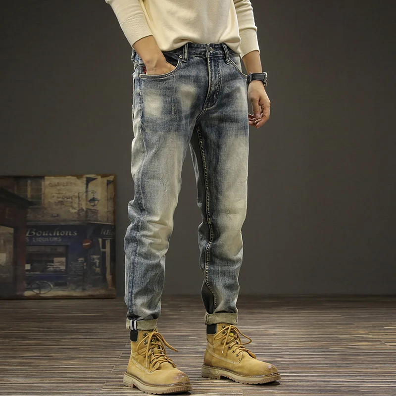 Newly Designer Fashion Men Jeans Retro Blue Elastic Slim Fit Ripped Jeans Men Vintage Trousers Casual Cotton Denim Pants Hombre