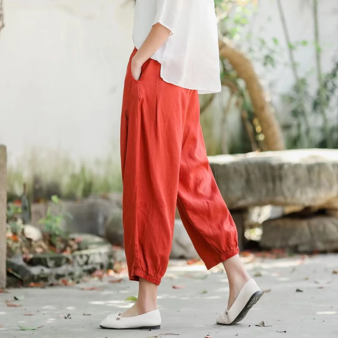 Women Linen Pants Ladies Elastic Waist Flax Pants Female Solid Color Embroidered Linen Trousers Summer Calf Length Pants FT91 denim capris