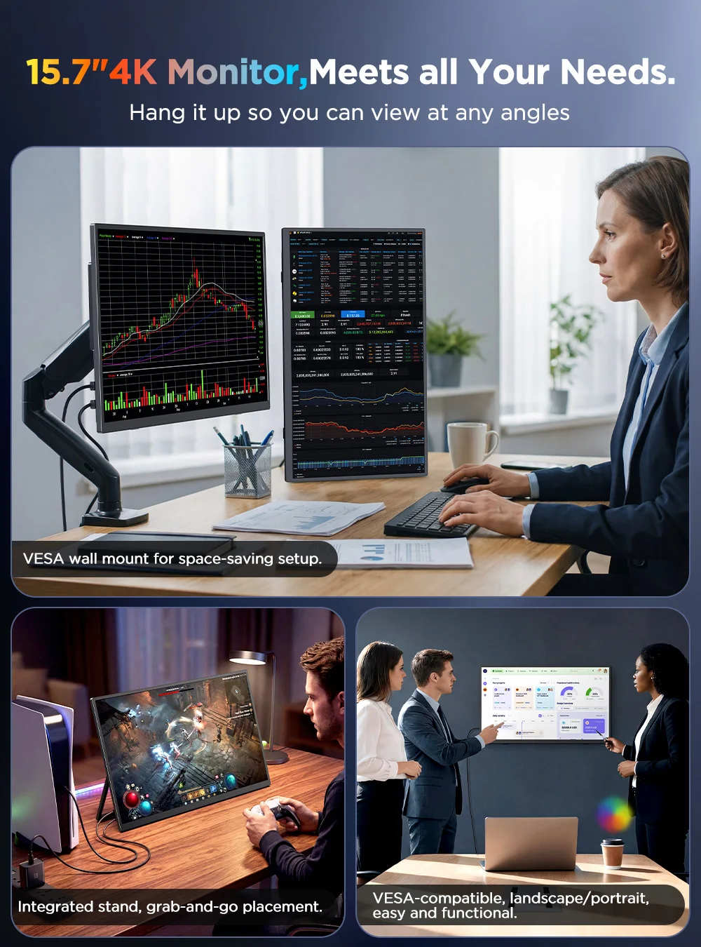 UPERFECT 4K UHD 휴대용 모니터 15.6인치 터치스크린(LS 스탠드 포함) VESA 터치 울트라와이드 프레임리스 노트북 맥 PC 게이밍 IPS 디스플레이