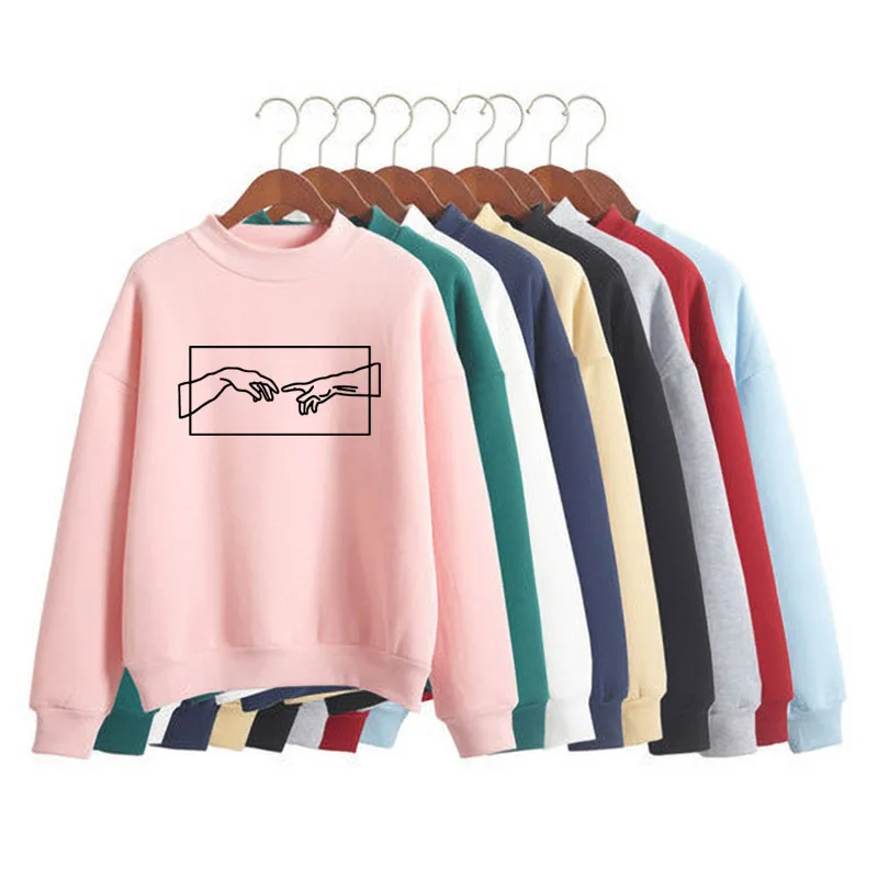 

The Creation of Adam Michelangelo Print Women Sweatshirt Korean O-neck Knitt Pullover Thick Autumn Candy Color Christian Clothes