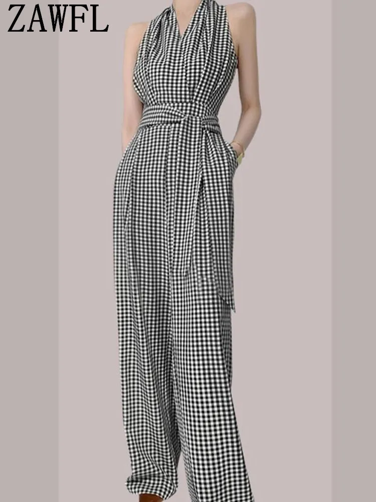 

ZAWFL Elegant Plaid Jumpsuit 2022 Summer Women Sleeveless Wide Leg Pants Casual Loose Halter Neck Playsuit Office Lady Overalls