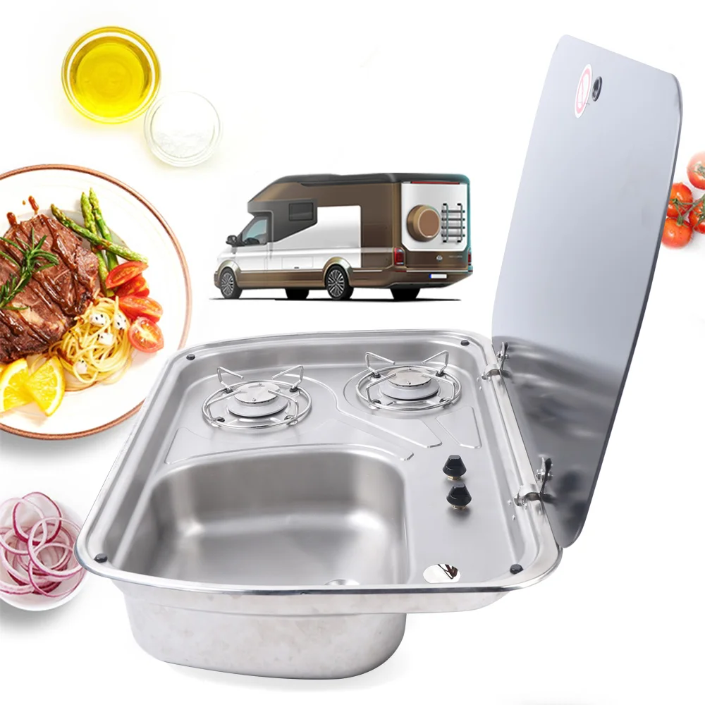 Boat Caravan RV Camper 2 Burner Gas Stove Stainless Steel Sink Combo LPG w/Glass Lid 304 stainless steel 60040 69957 grill burner tube replacement for weber q100 q120 q1000 q1200 baby q slivers