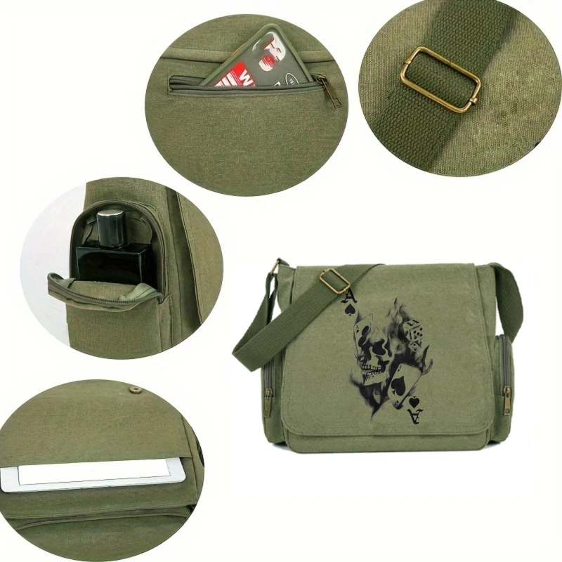 Vintage Men's Shoulder Crossbody Bag Canvas Skull Print Messenger Bag Large Capacity Multiple Pockets Men's Bag