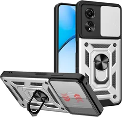 Durable Armor Case with Lens Protection and Ring Magnetic Holder for OPPO Reno 12 5G (Silver)