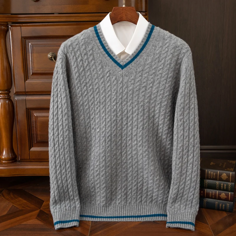 S-XXXL New men's 100% wool V-neck color blocked sweater for autumn and winter, casual knitted pullover full sleeve men's sweater 4