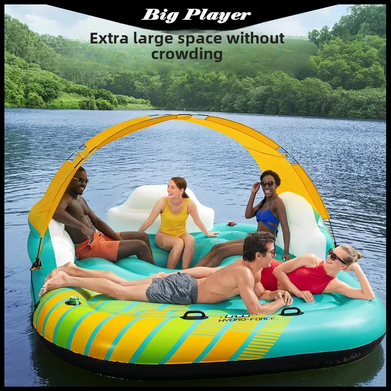 Oversized Inflatable Floating Island with Sunshade Floating Bed Mount 3