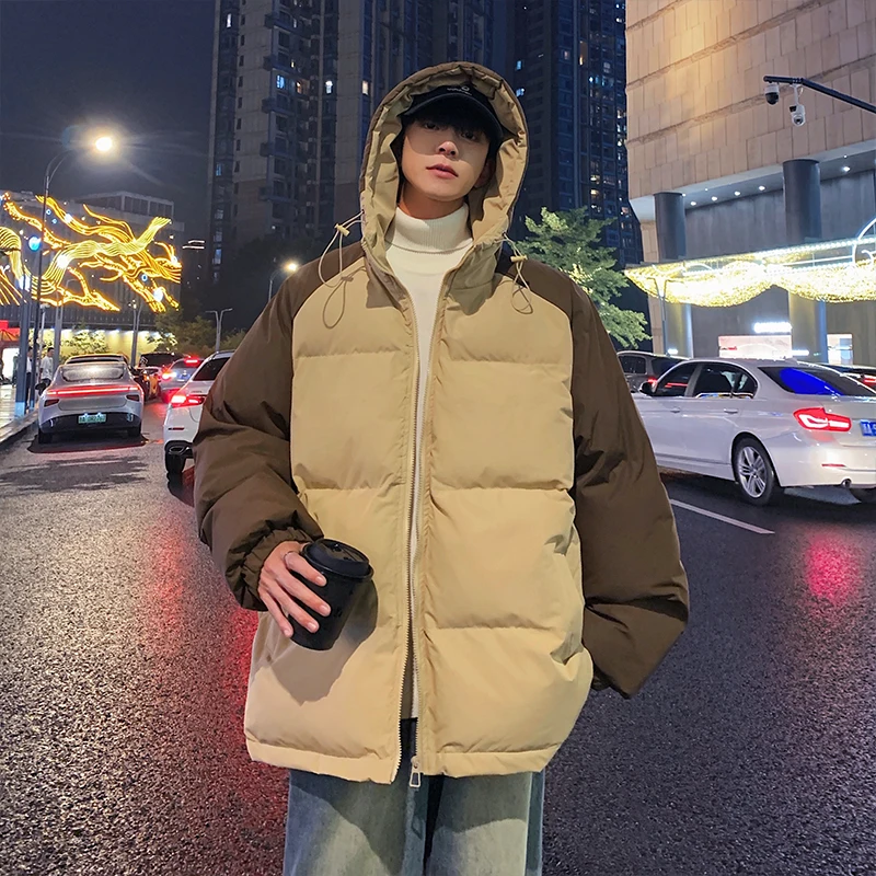 

Trendy Contrast Color Patchwork Puffer Jacket Bubble Coat Men Winter Thick Parkas Inside Pockets Windbreak Down Cotton Jacket