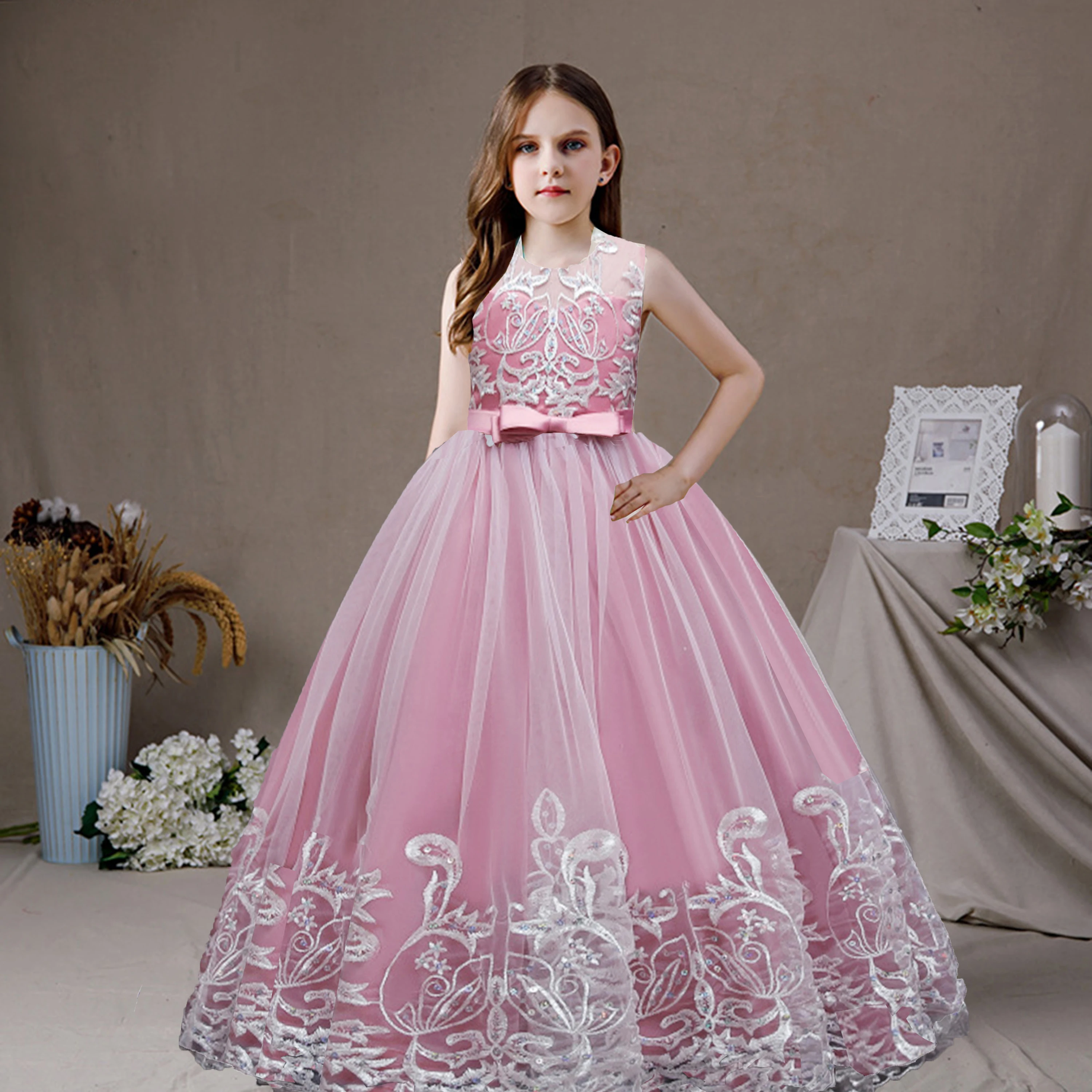 

HXCMall Little Big Girls Lace Appliqued Bowknot Wedding Flower Girl Birthday Party Formal Long Dress 9102