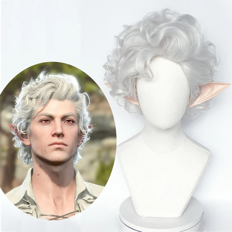 

Game Baldur's Gate Astarion Cosplay Wig Men Slivery Short Curly Heat Resistant Synthetic Hair Wigs Halloween Party
