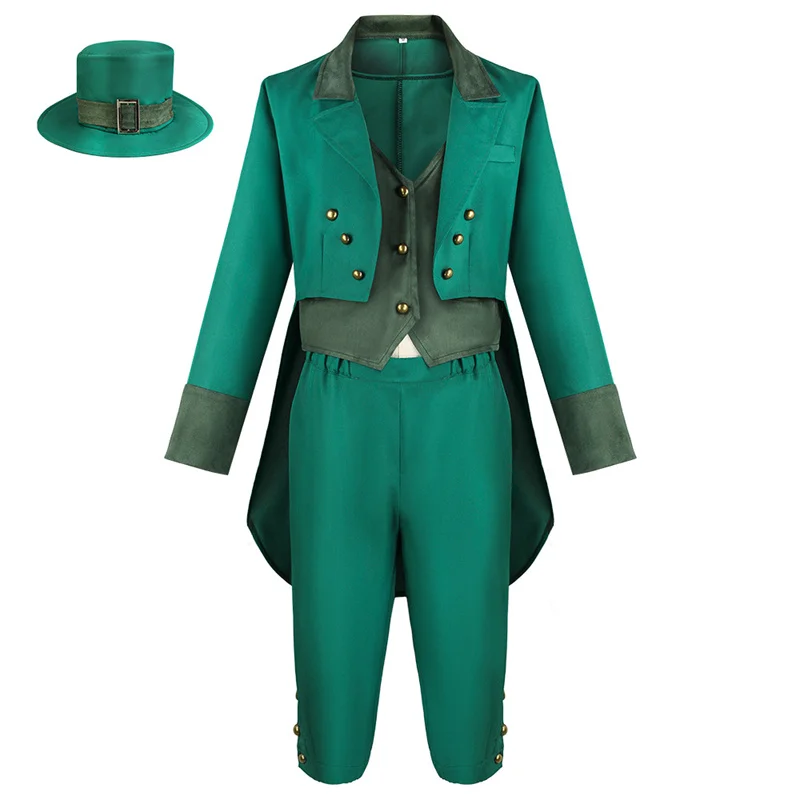 

Green Leprechaun Cosplay Costume Suits with Cap Coat Vest Pants For Adult Men St. Patrick's Day Outfit
