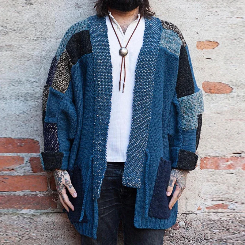 Annual Jia Brand Non Kapital Vintage Splice Knitwear Ancient Loose Sweater Plaid Wool Cardigan Taoist Robe Thickened Japan Style