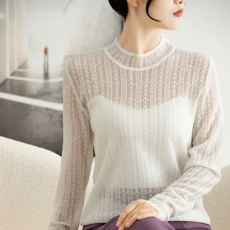 

2023 new Lace Round Neck Long Sleeve Wool Sweater Solid Color Simple and Thin Inside With a Bottom Jumper Top