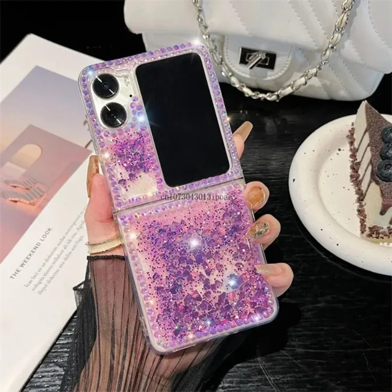 

Luxury Edge drill love quicksand Fold Folding Screen love GLITTER Full Coverage women exclusive for OPPOFindN2Flip phone cases