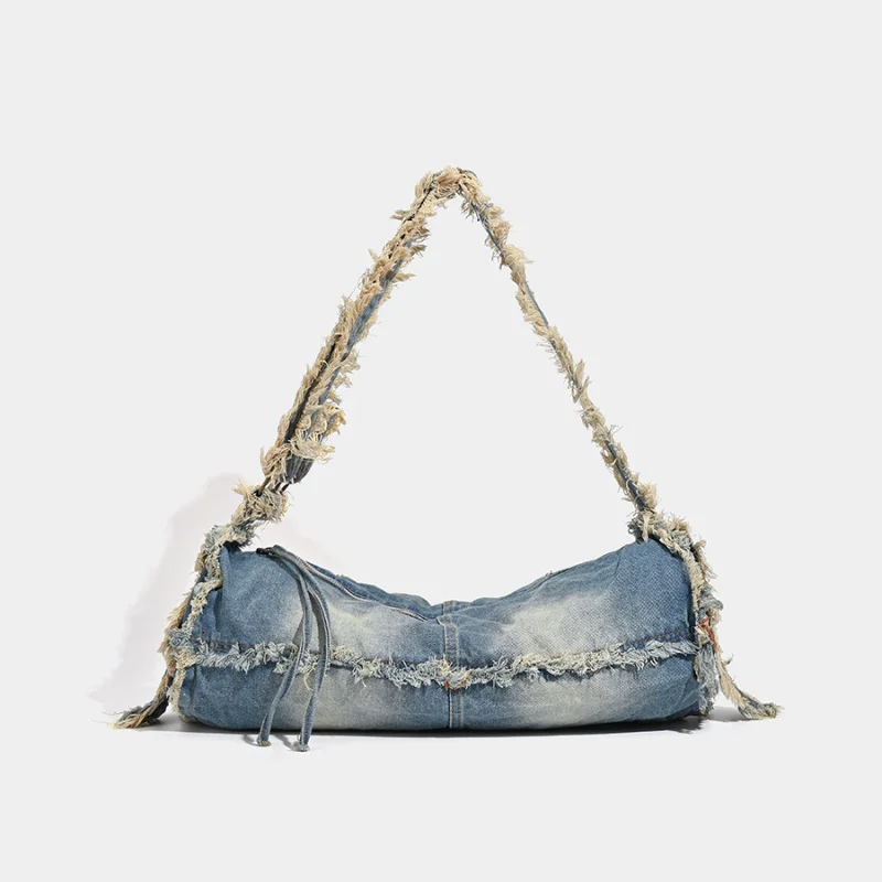 Large Capacity Washable Denim Bag with Tassels Unique Design High-end Y2k Spicy Girl Women's Crossbody Shoulder Pillow Bag