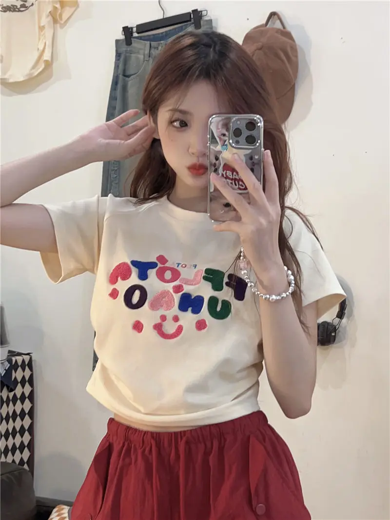 

2024 New Style Top Youthful Woman Clothing Clothes for Women Sweet and Spicy Girl T-shirts Stereoscopic Embroidery Y2k Femal