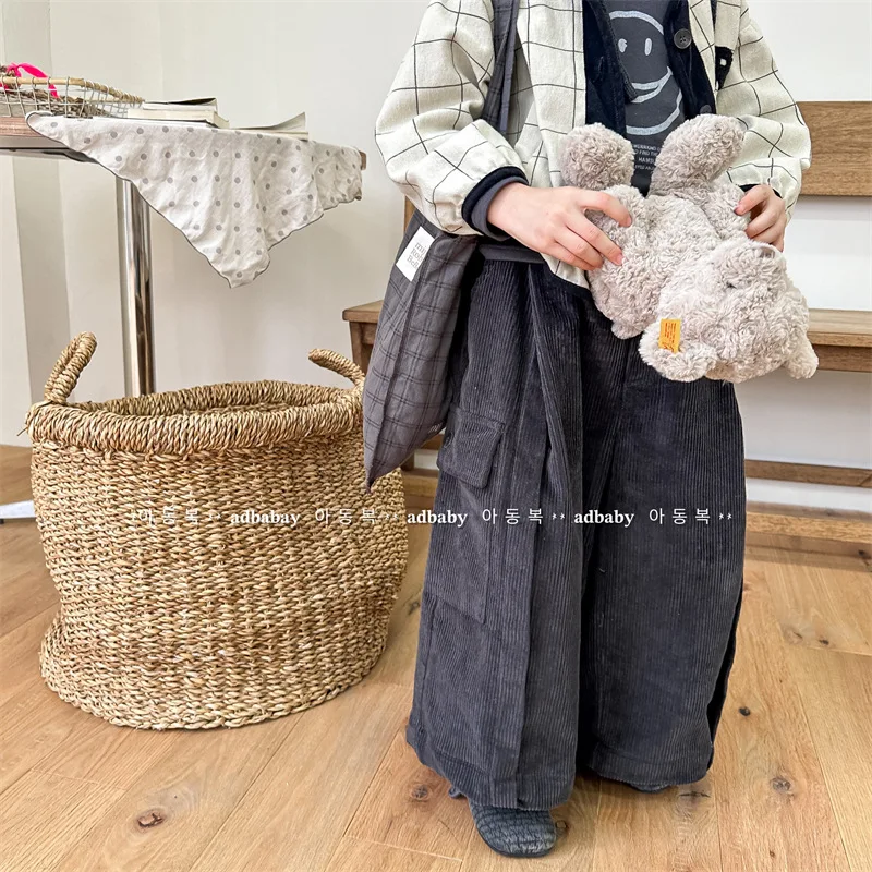 

Children Solid Color Casual Pants 2023 Spring Autumn New Fashionable Girls and Boys Korean Style Corduroy Wide Leg Pants