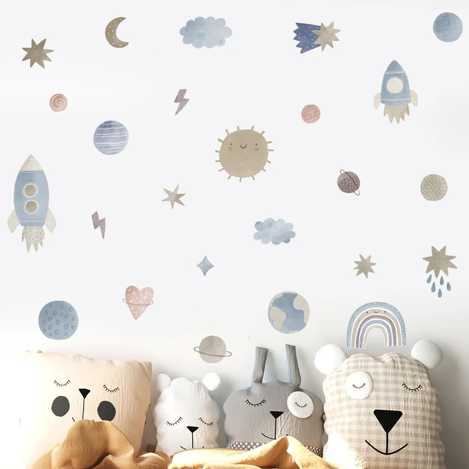Boho Cartoon Space Adventure Stars Watercolor Kids Wall Sticker Vinyl Nursery Art Decals for Babys Boys Room Playroom Home Decor