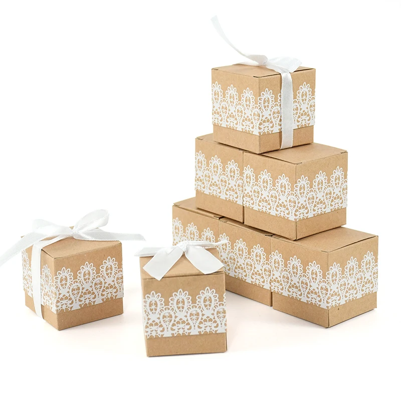 10pcs White Lace Kraft Paper Candy Chocolate Gift BoxWedding Party Birthday Valentine