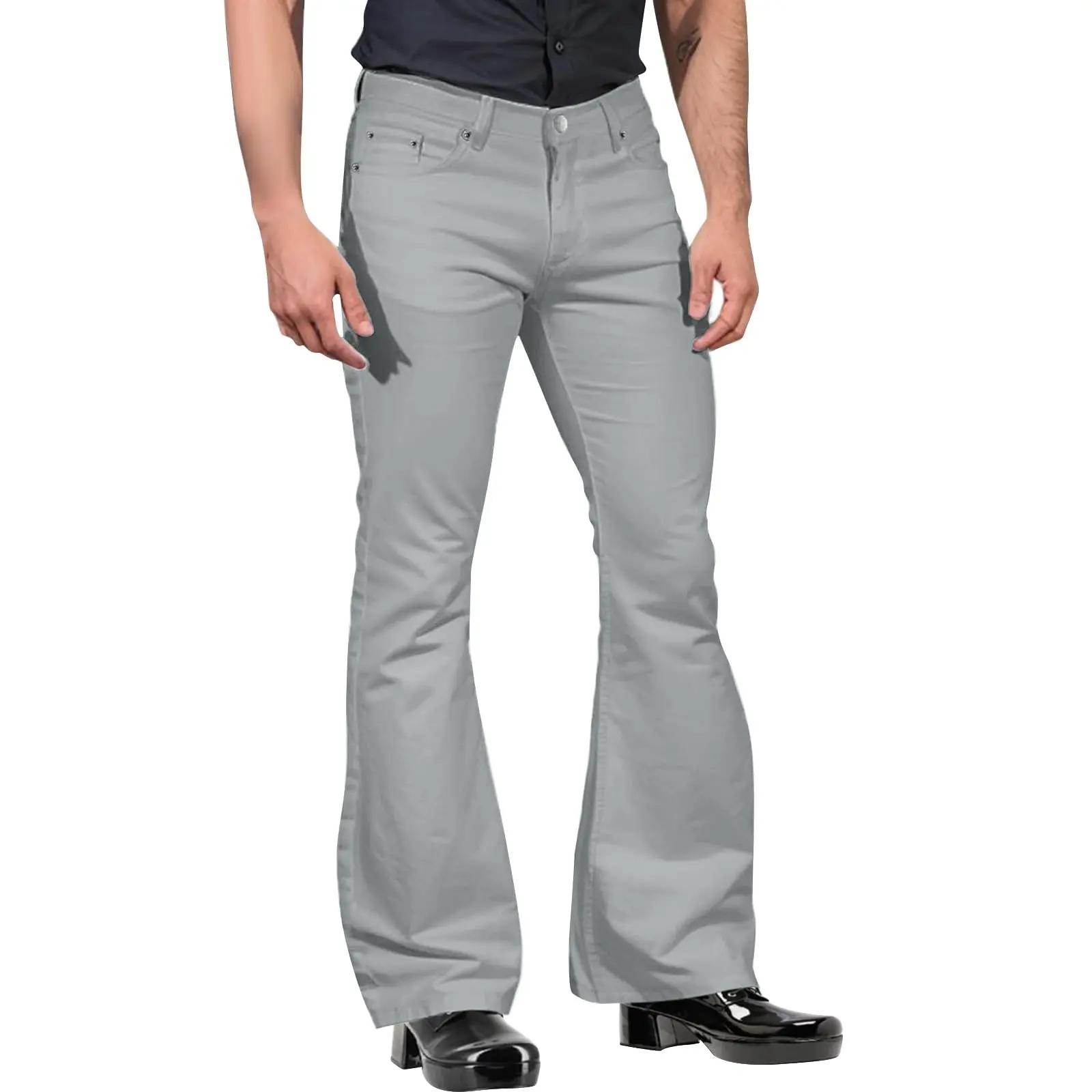 2024 New Fashion Men's Retro Flare Pants, Solid Color Mid-Rise Trousers Casual Classic 70s Bell Bottom 3