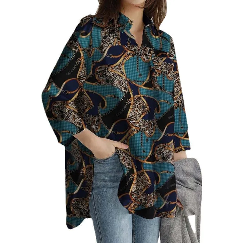 Shirts For Women Tops Fashion Print Lapel Buttons Women Shirt Clothing Casual Streetwear Elegant Long Sleeve Loose Blouses Femme