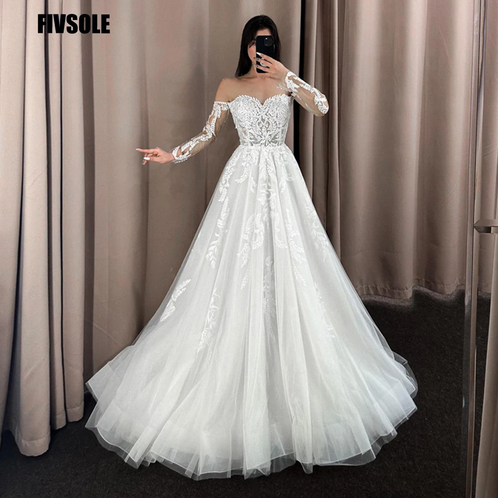 

Fivsole Sweetheart A-line Wedding Dress Vestido De Noiva Bride Gown Appliques Long Sleeves Custom Made Robe De Soirée De Mariage