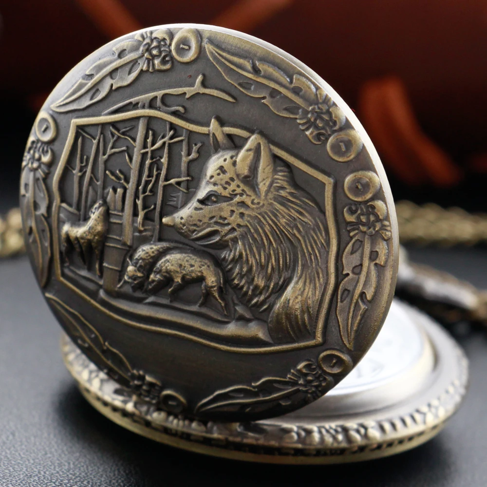 Animal Series Wolf Display Quartz Pocket Watch Vintage Bronze Fob Chain Roman Digital Round Dial Necklace Pendant Clock Gift