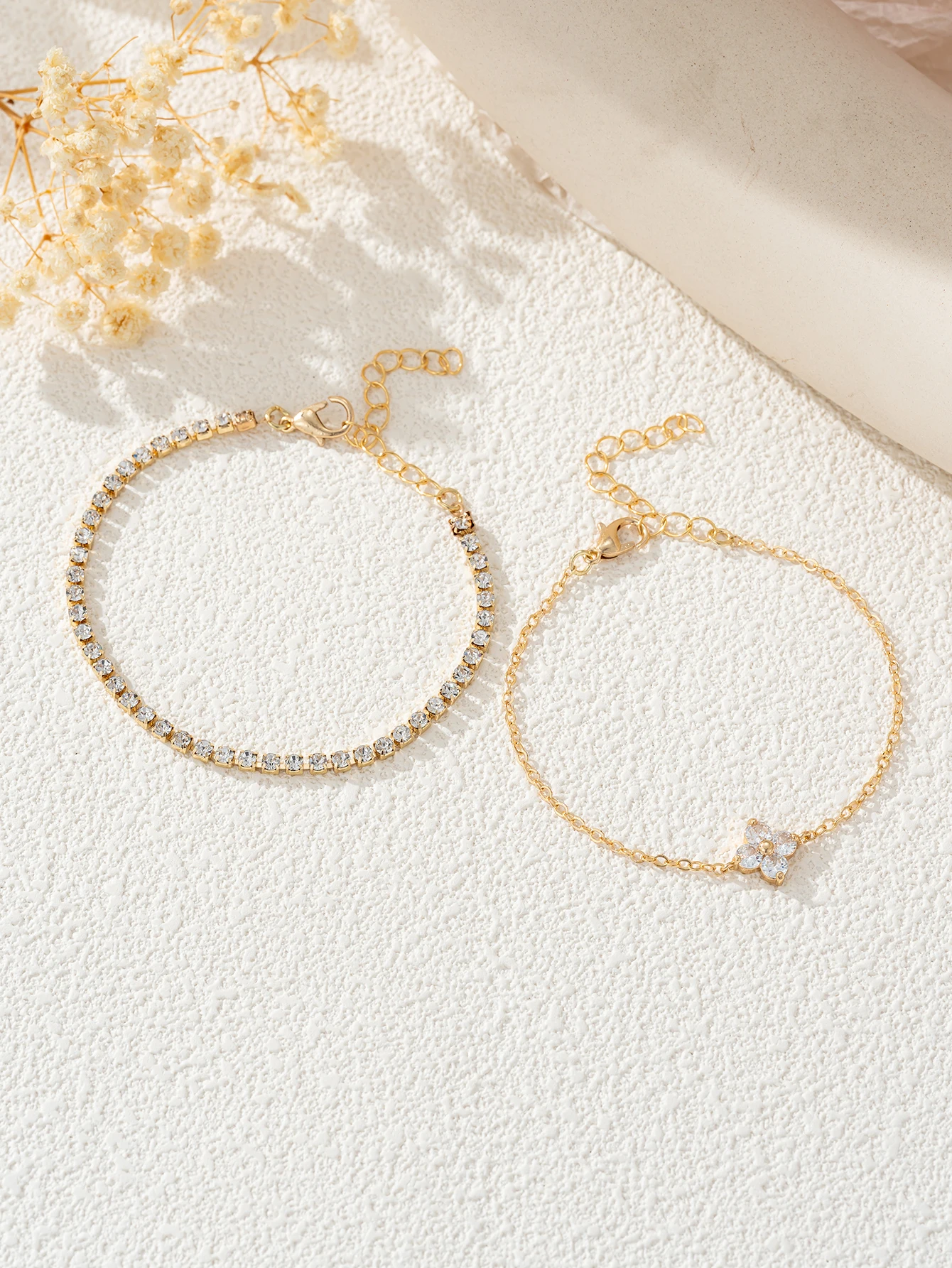 Simple Cubic Zirconia Flower Water Chain Women's Bracelet Set 2pcs