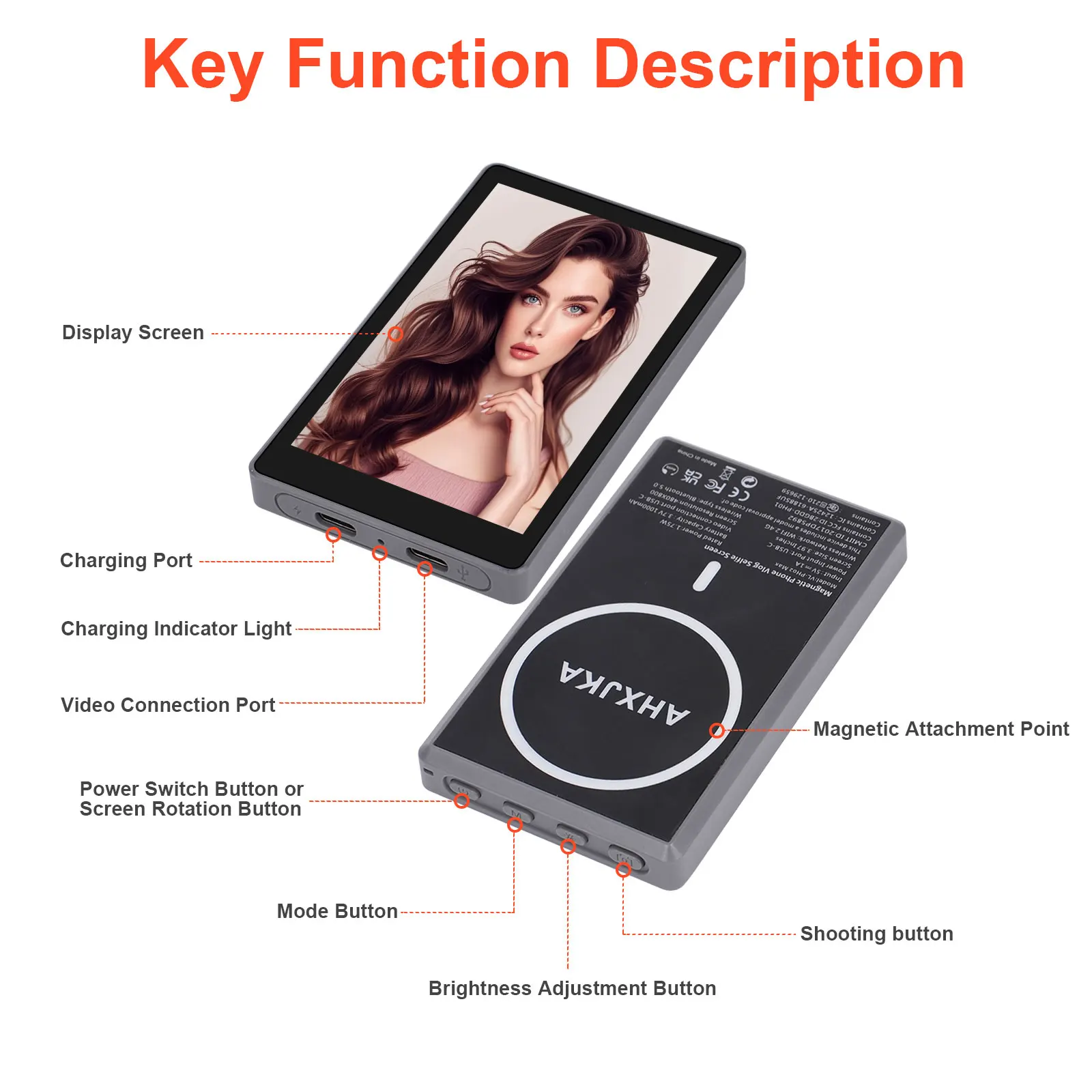 AHXJKA Smartphone Rear Camera For Selfie Vlog Live Stream For Android Iphone Monitor Screen Video Recording Magnetic Selfie