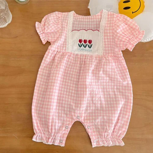 Toddler Baby Girl Bodysuits+Hat Newborn Baby Girls Jumpsuit Short Sleeve  Cotton Lace Stitching Baby Girls Clothes For Summer customised baby bodysuits Baby Rompers