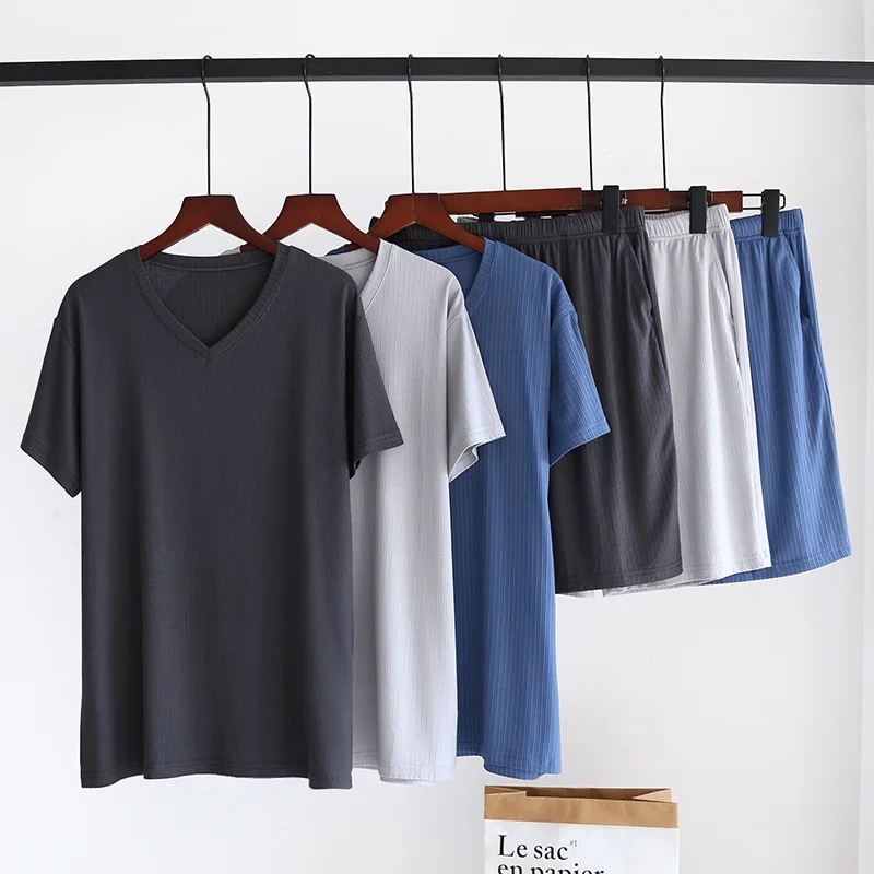 

Men's Summer Solid V-Neck Jacquard Modal Short Sleeve V-neck Tshirts and Shorts with Pockets for Homewear Pijamas Mens Suit