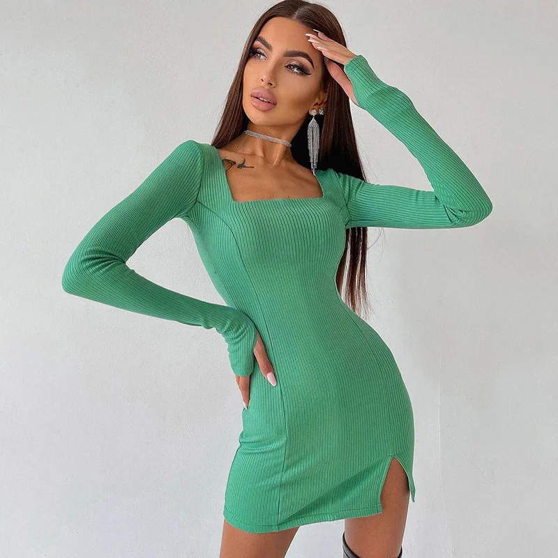 

CNACNOO Spring Autumn Ribbed Women Solid Long Sleeve Slit Mini Dress Square Collar Bodycon Sexy Streetwear Party Club