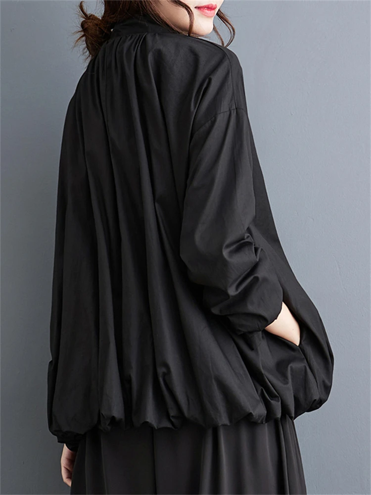 2025 Spring Autumn Women's Black Solid Color Jacket Casual Loose All Match Double-layer Oversize Fashion Standing Collar Coat