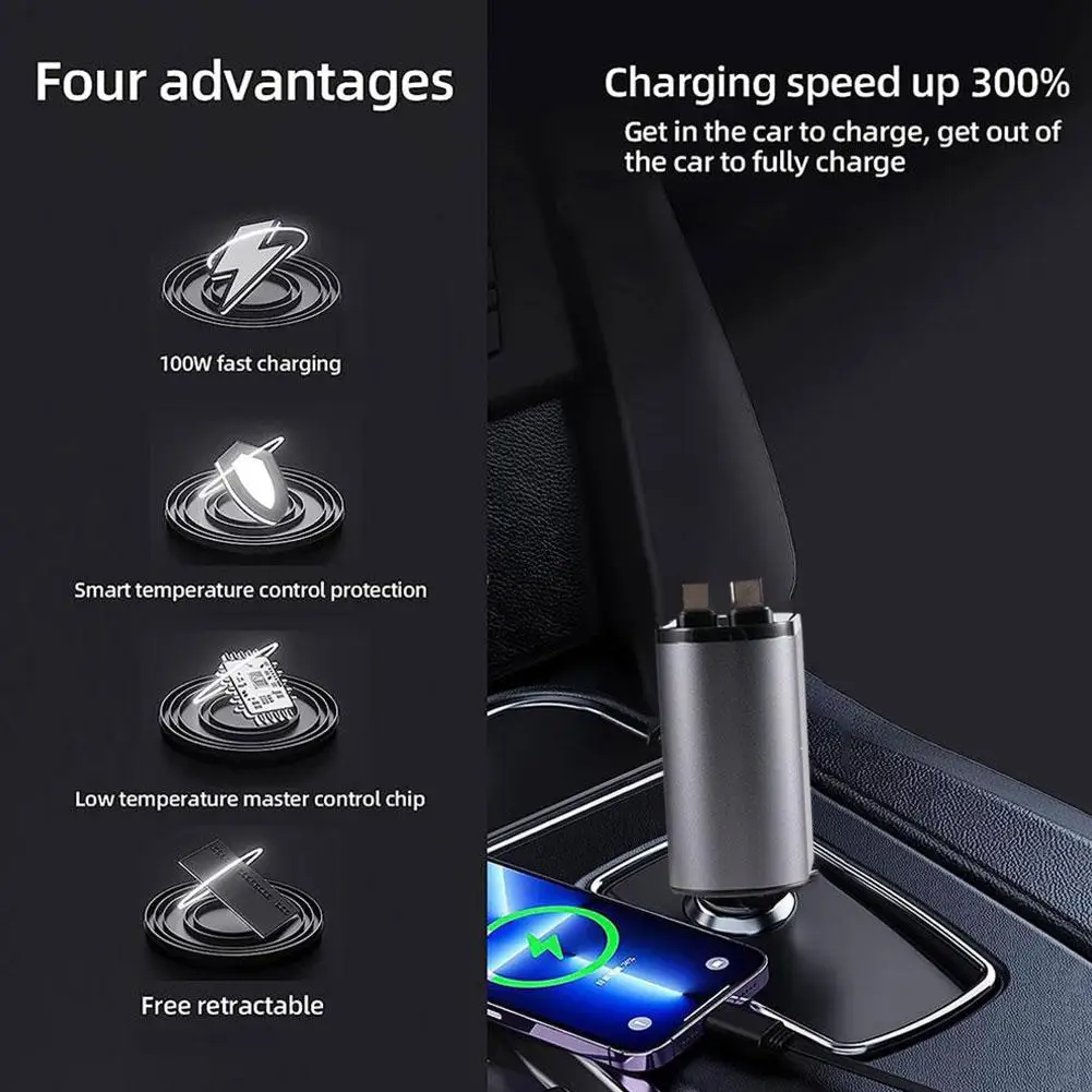 

Выдвижное автомобильное зарядное устройство 4 в 1, 100 Вт, кабель USB Type-C QC3.0 для iPhone, Huawei, Samsung, шнур для быстрой зарядки, адаптер для прикуривателя