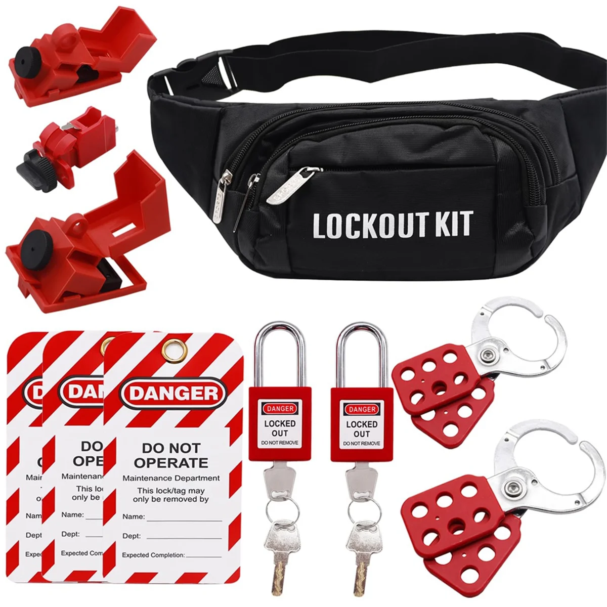 

Lockout Tagout Kit, Safety Padlocks, Group Lockout Hasps, Universal Circuit Breaker Lockout with Black Pocket Bag.